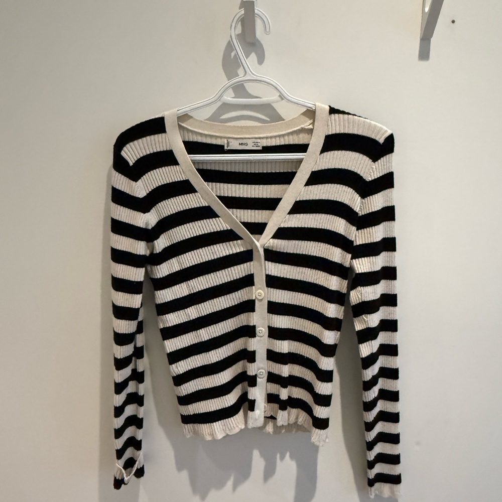 Mango Black and White Striped Button-Front Cardigan